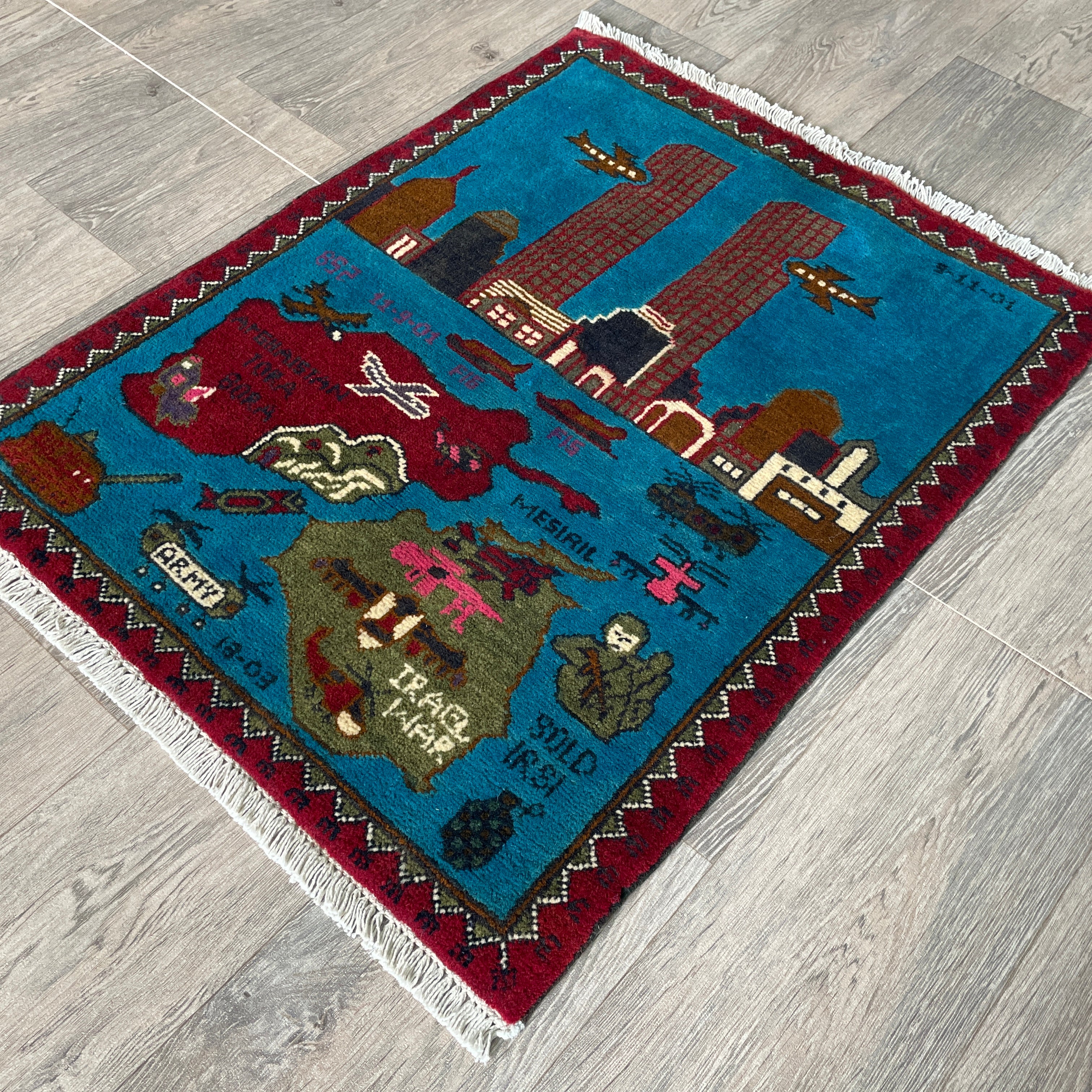 81 x 62 cm | Afghan 9/11 War Rug - Khorasan Rugs